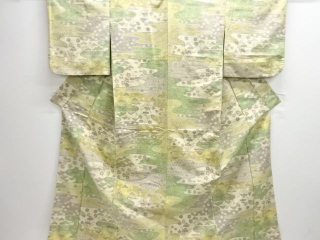 霞に花模様織出し手織り紬着物